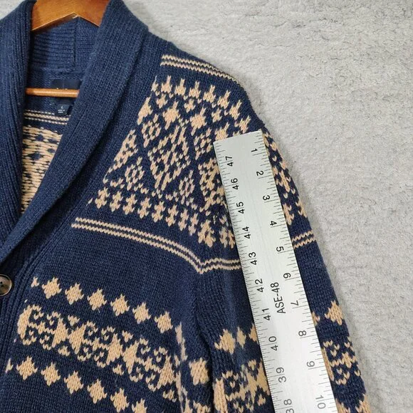 J.Crew Cardigan Sweater Mens Large Navy Beaige Fair Isle Wool Blend Button Front - Picture 6 of 11